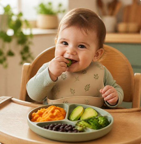 Bebê sorrindo comendo refeição vegetariana colorida na cadeirinha