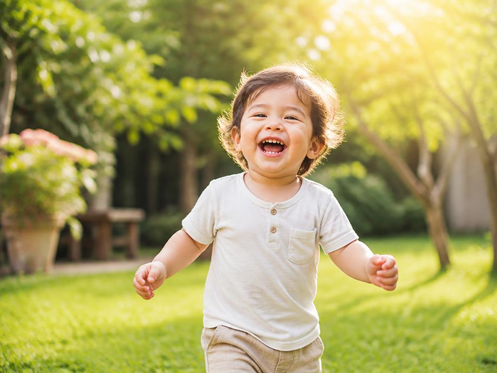Criança saudável e feliz brincando ao ar livre