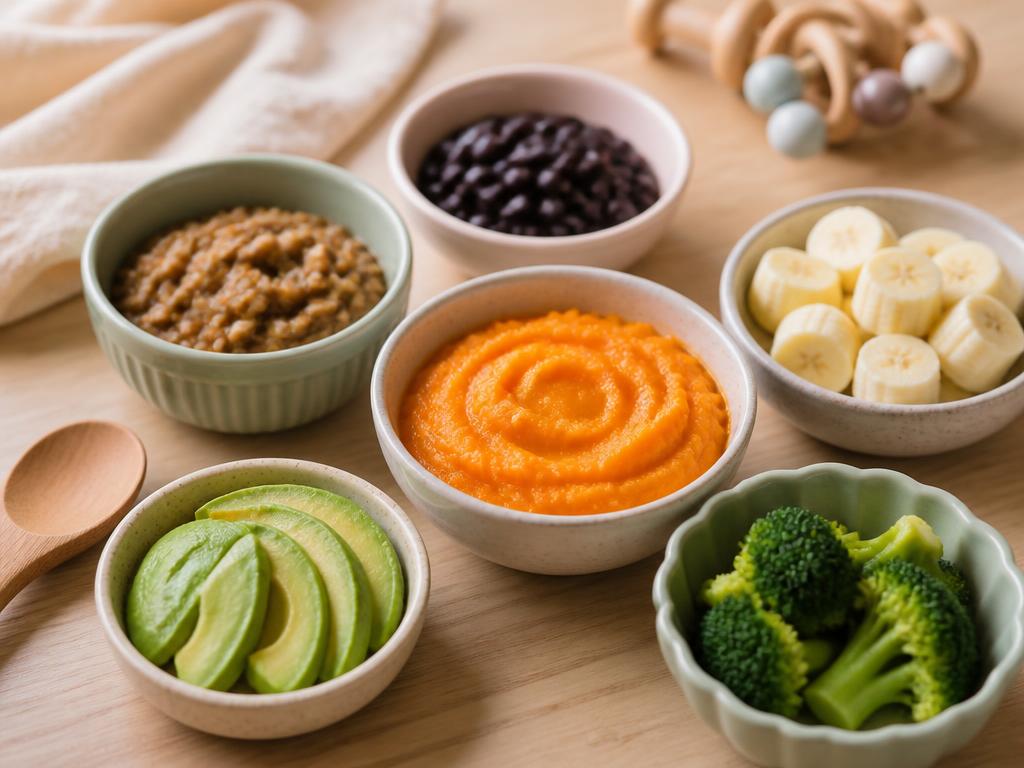 Tigelas com purê de abóbora, lentilha, abacate, brócolis, feijão preto e banana para bebês