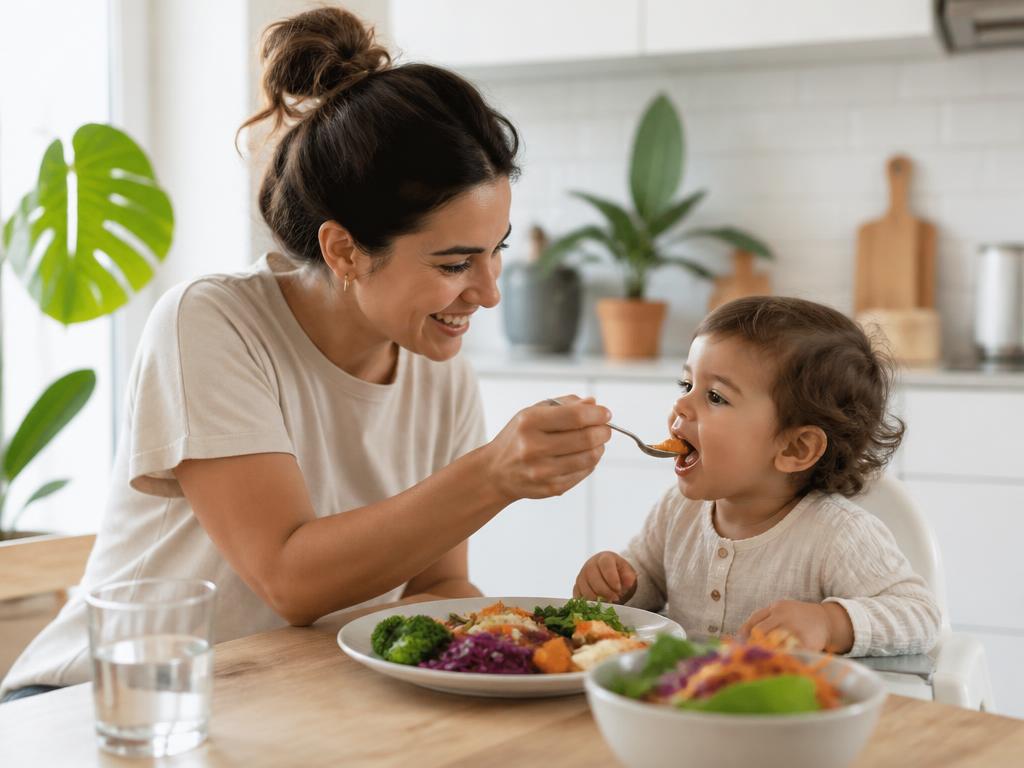 Mãe alimentando seu bebê com refeição vegetariana equilibrada