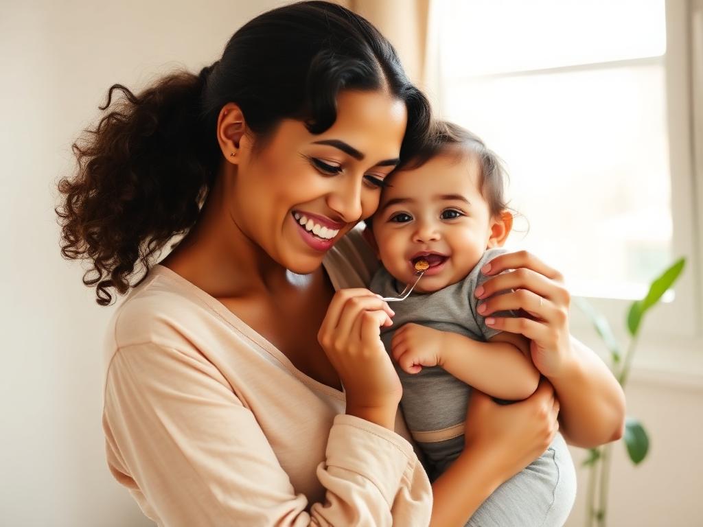 Mãe alimentando bebê que passou a ganhar peso com alimentação vegetariana estruturada
